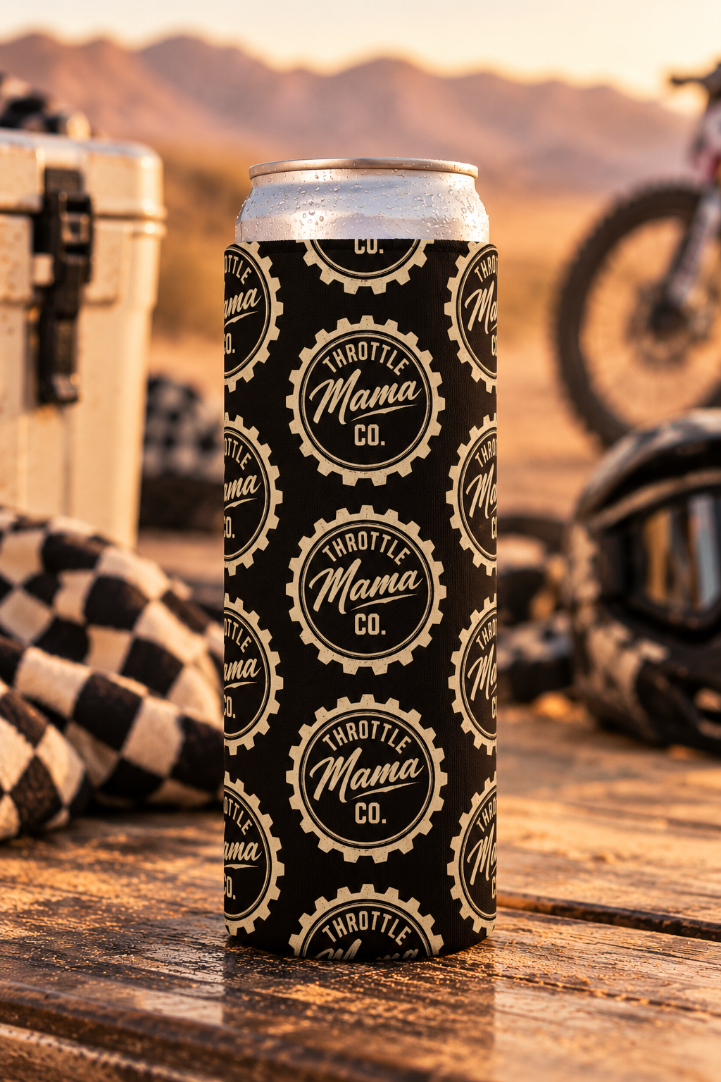 Slim Can Cooler — Throttle Mama Co. Vintage Gear Logo Pattern