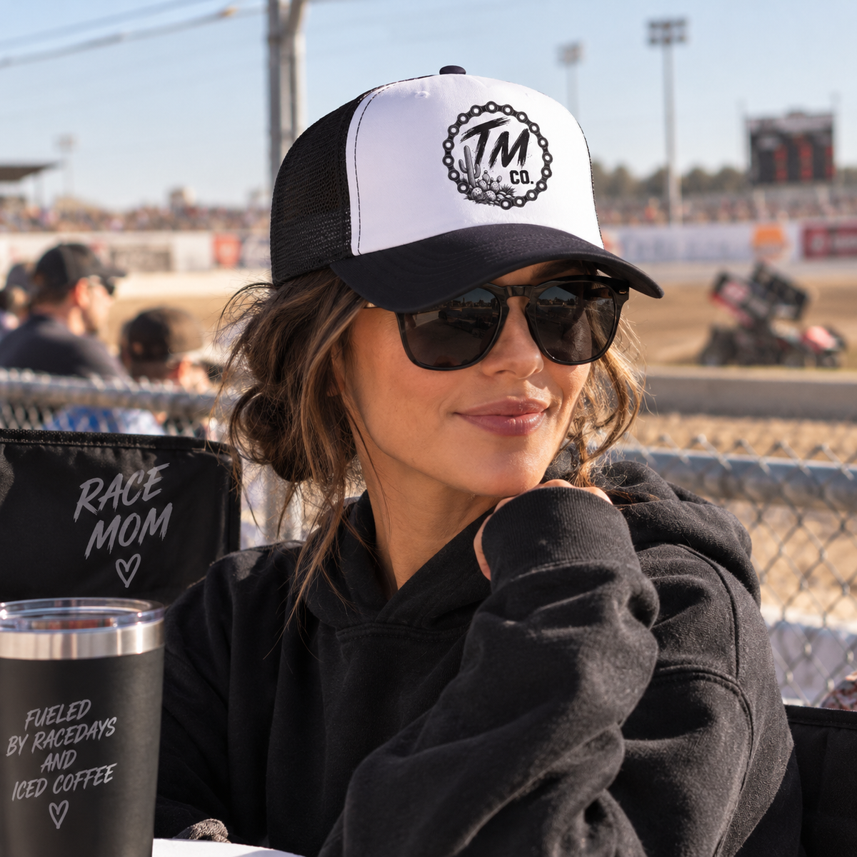 Throttle Mama Co. Desert Chain Trucker Hat | Black & White Moto Snapback